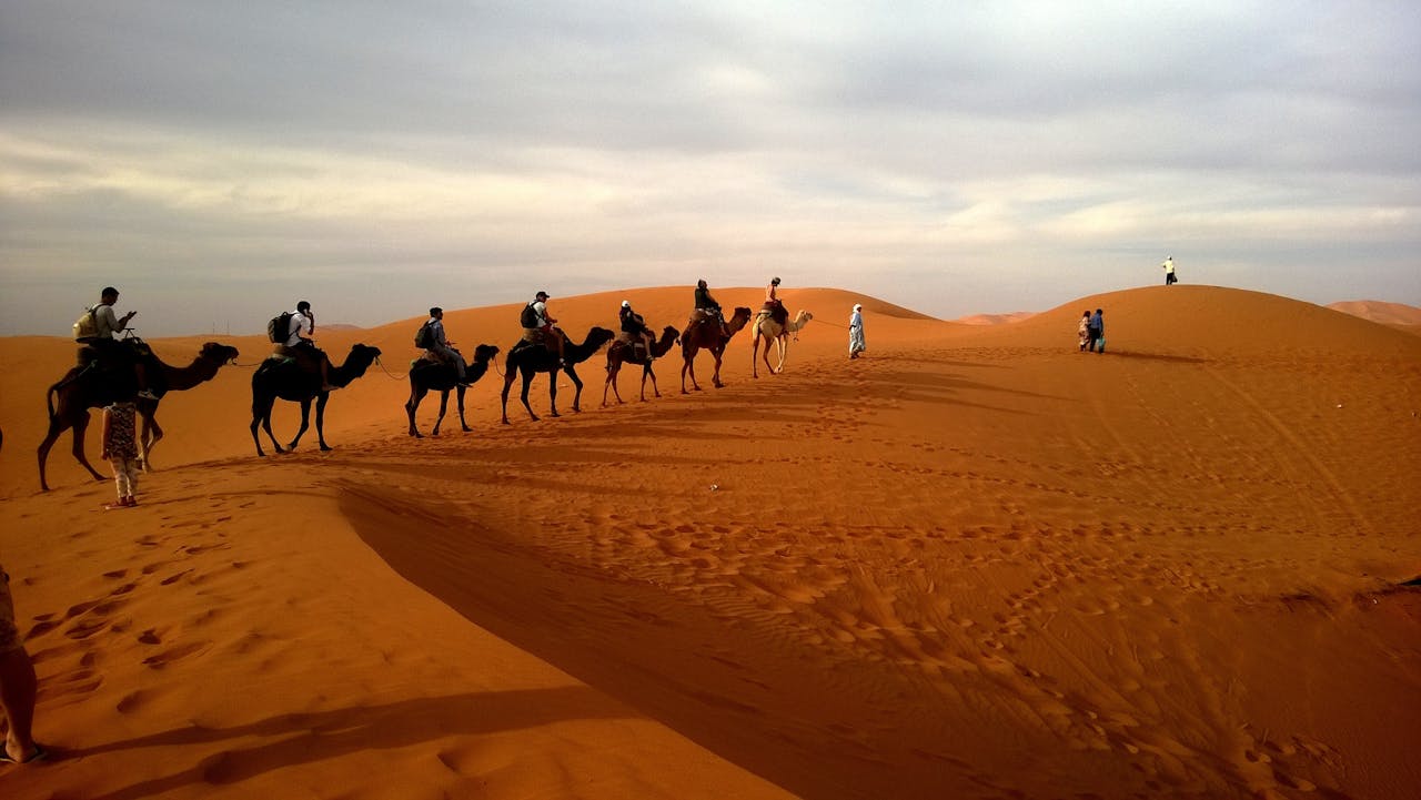 about-us-01 A group traveling on camels over reddish sands under a cloudy sky in a vast desert landscape.